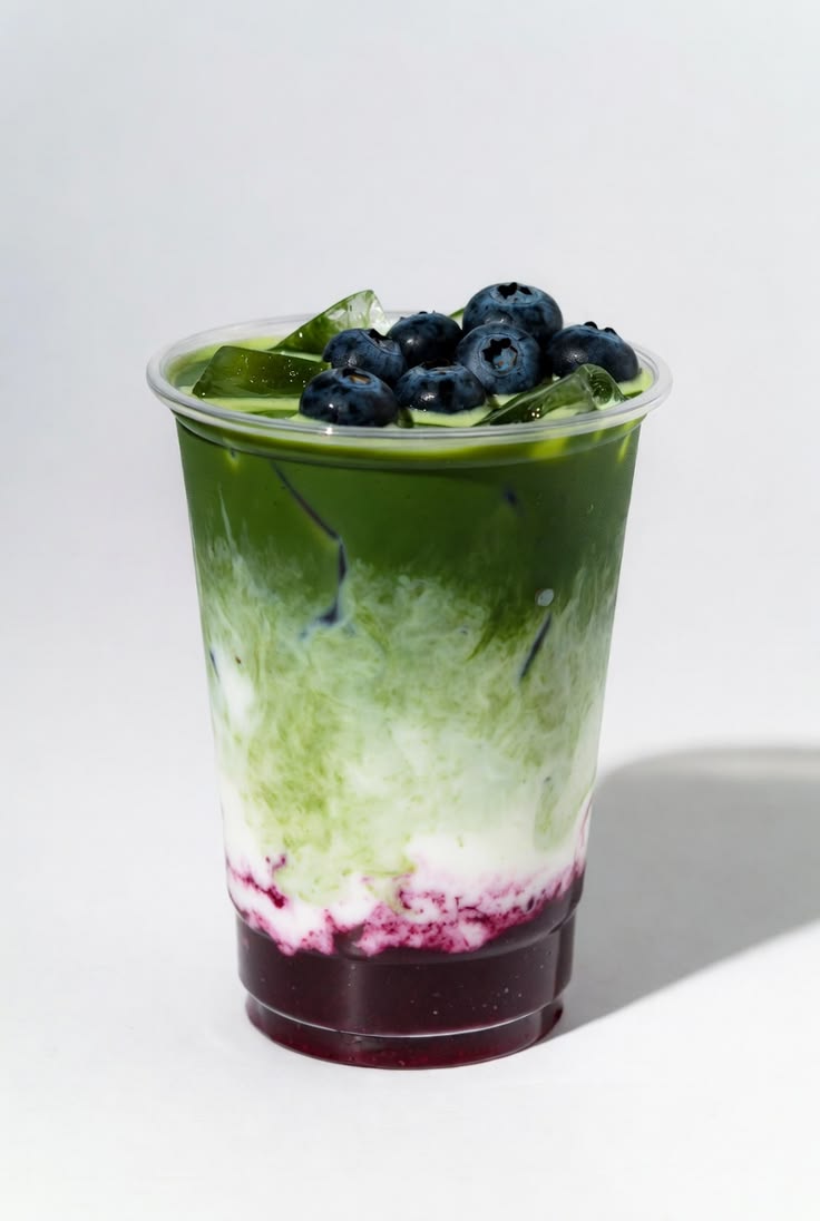 Matcha blueberry latte topped with fresh blueberries