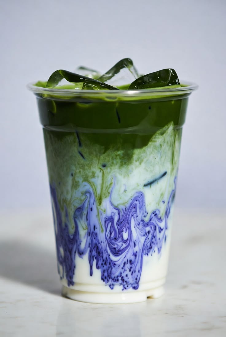 Layered matcha and butterfly pea latte in a clear cup